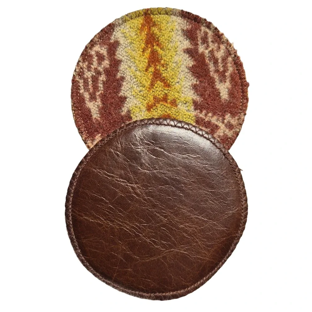 VTG Handmade Southwestern Kilim Style Round Coasters Set Faux Leather Backed